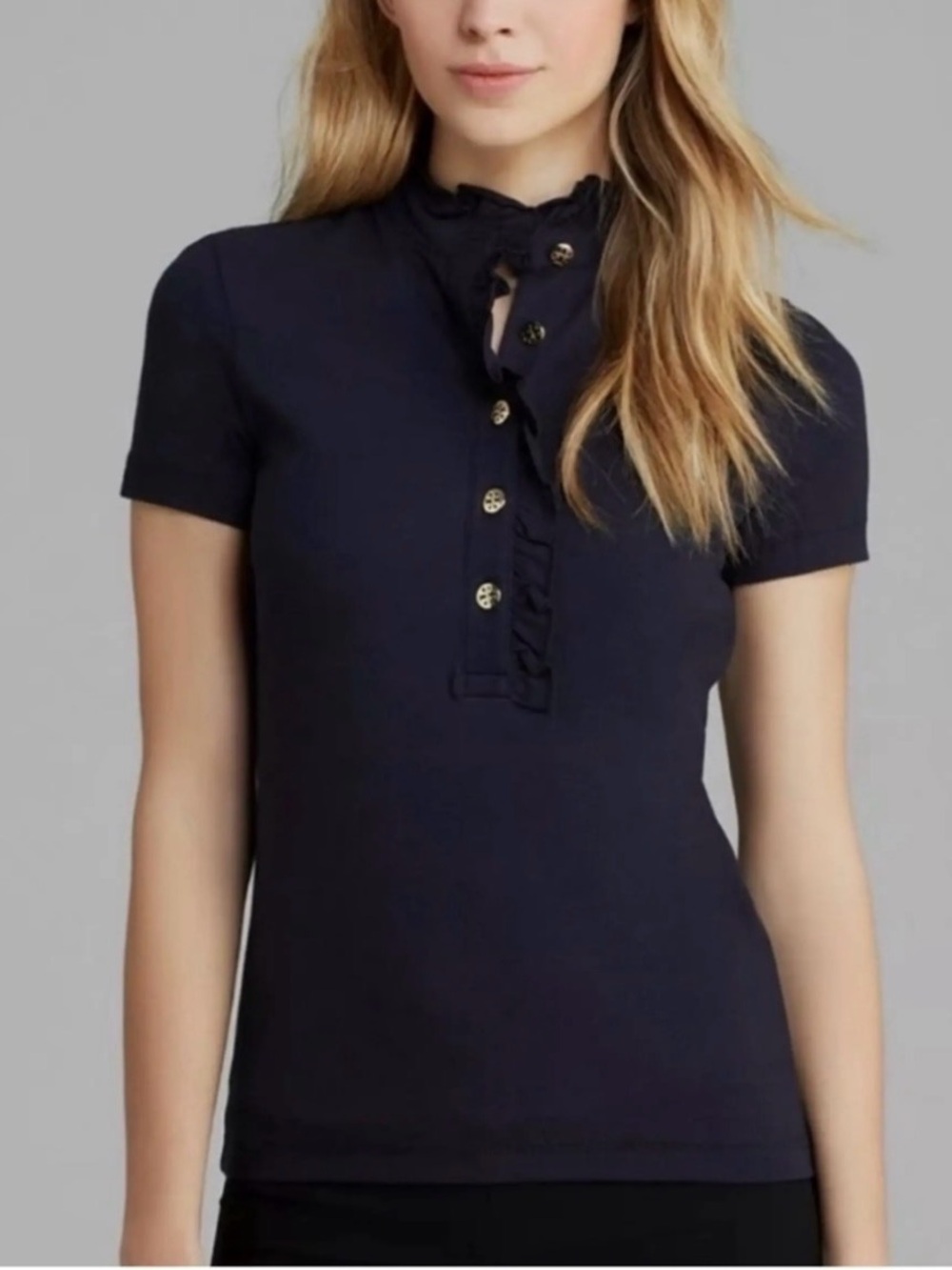 Tory Burch Ruffled Mock Neck Short Sleeve Top in Navy XS